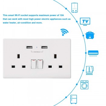 Wifi Smart Wall Socket Timer Switch Control Outlet dual 13A UK Plug and 2 USB Ports Voice Control Works with Alexa Google IFTTT