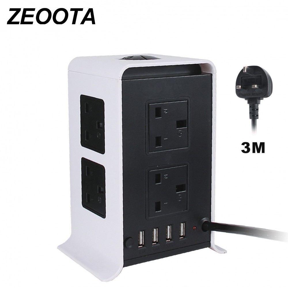 Tower Power Strips Surge Protector Extension Leads 3M/9.8ft Overload Protection with 8 Way Outlets 4 USB Ports for Home Office