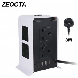 Tower Power Strips Surge Protector Extension Leads 3M/9.8ft Overload Protection with 8 Way Outlets 4 USB Ports for Home Office