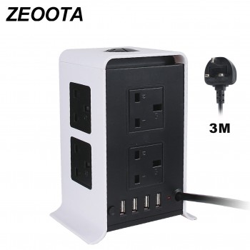 Tower Power Strips Surge Protector Extension Leads 3M/9.8ft Overload Protection with 8 Way Outlets 4 USB Ports for Home Office