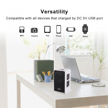 Tower Power Strips Surge Protector Extension Leads 3M/9.8ft Overload Protection with 8 Way Outlets 4 USB Ports for Home Office
