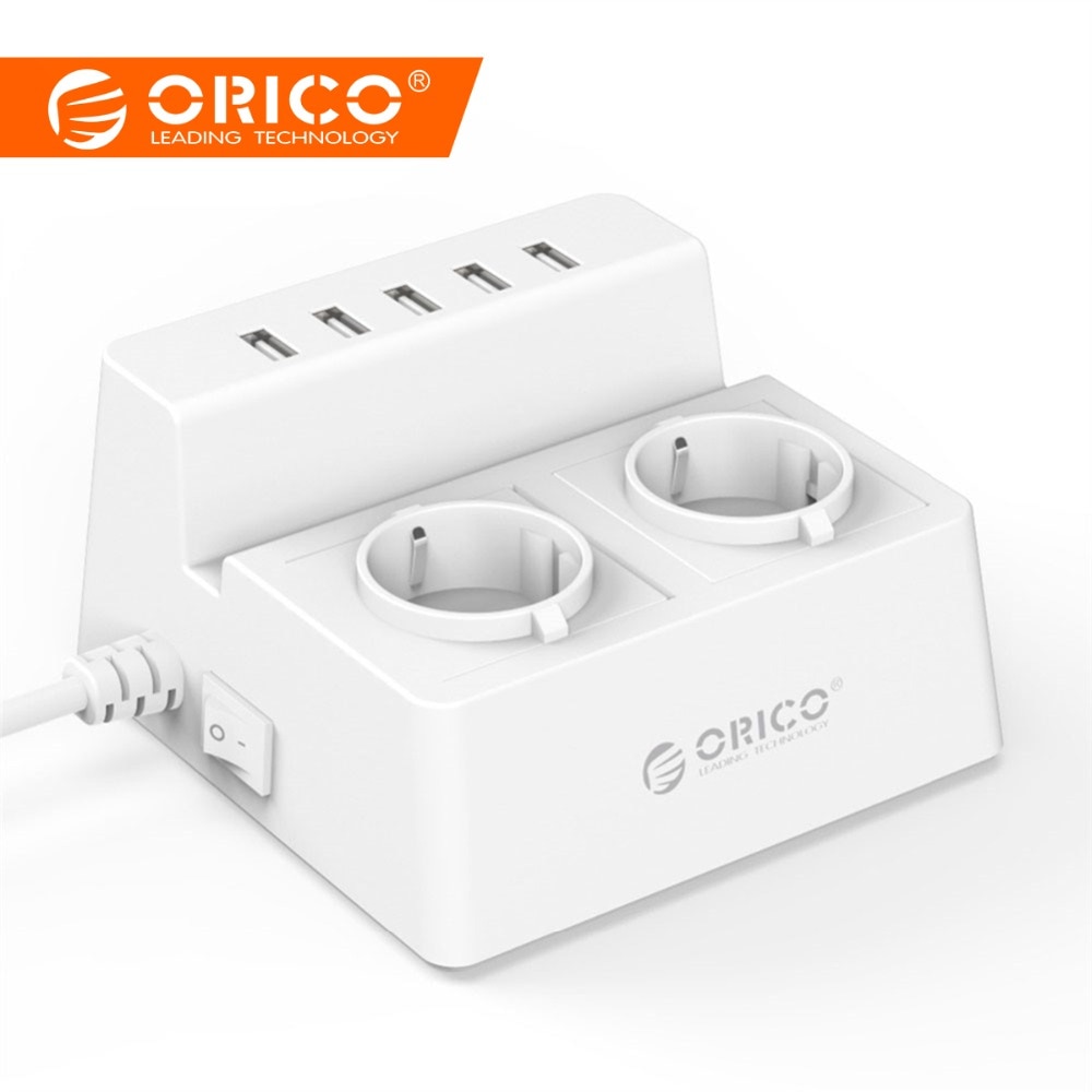 ORICO ODC Office Home 2 AC Outlets Surge Protector EU Power Strip with 5 Ports USB Charger 40W 1.5M Power Cord -White Black plug