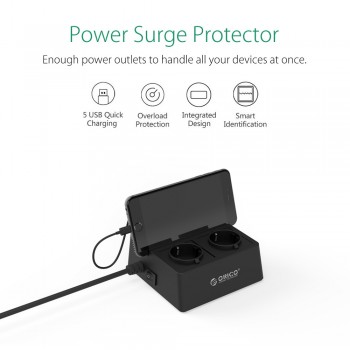 ORICO ODC Office Home 2 AC Outlets Surge Protector EU Power Strip with 5 Ports USB Charger 40W 1.5M Power Cord -White Black plug