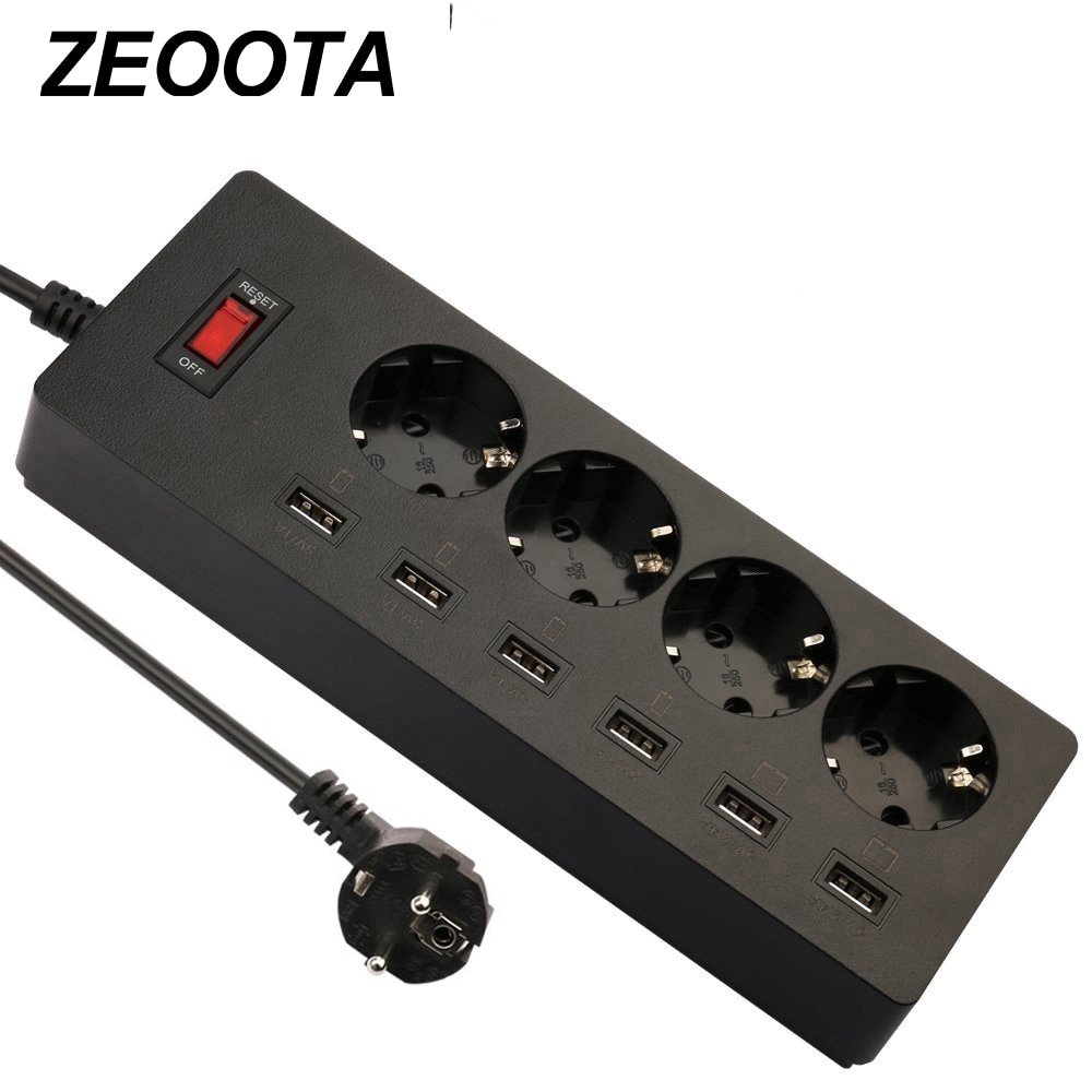 Zeoota 6-USB 4-Outlet AC Power Strip Adapter 1.8M Cable USB Wall Sockets with Switch EU Plug Extension Cord Powercube