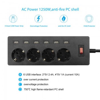 Zeoota 6-USB 4-Outlet AC Power Strip Adapter 1.8M Cable USB Wall Sockets with Switch EU Plug Extension Cord Powercube