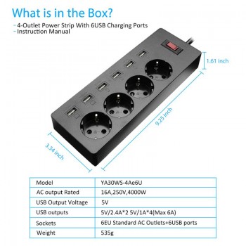 Zeoota 6-USB 4-Outlet AC Power Strip Adapter 1.8M Cable USB Wall Sockets with Switch EU Plug Extension Cord Powercube