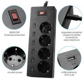 Zeoota 6-USB 4-Outlet AC Power Strip Adapter 1.8M Cable USB Wall Sockets with Switch EU Plug Extension Cord Powercube