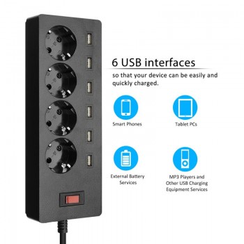 Zeoota 6-USB 4-Outlet AC Power Strip Adapter 1.8M Cable USB Wall Sockets with Switch EU Plug Extension Cord Powercube