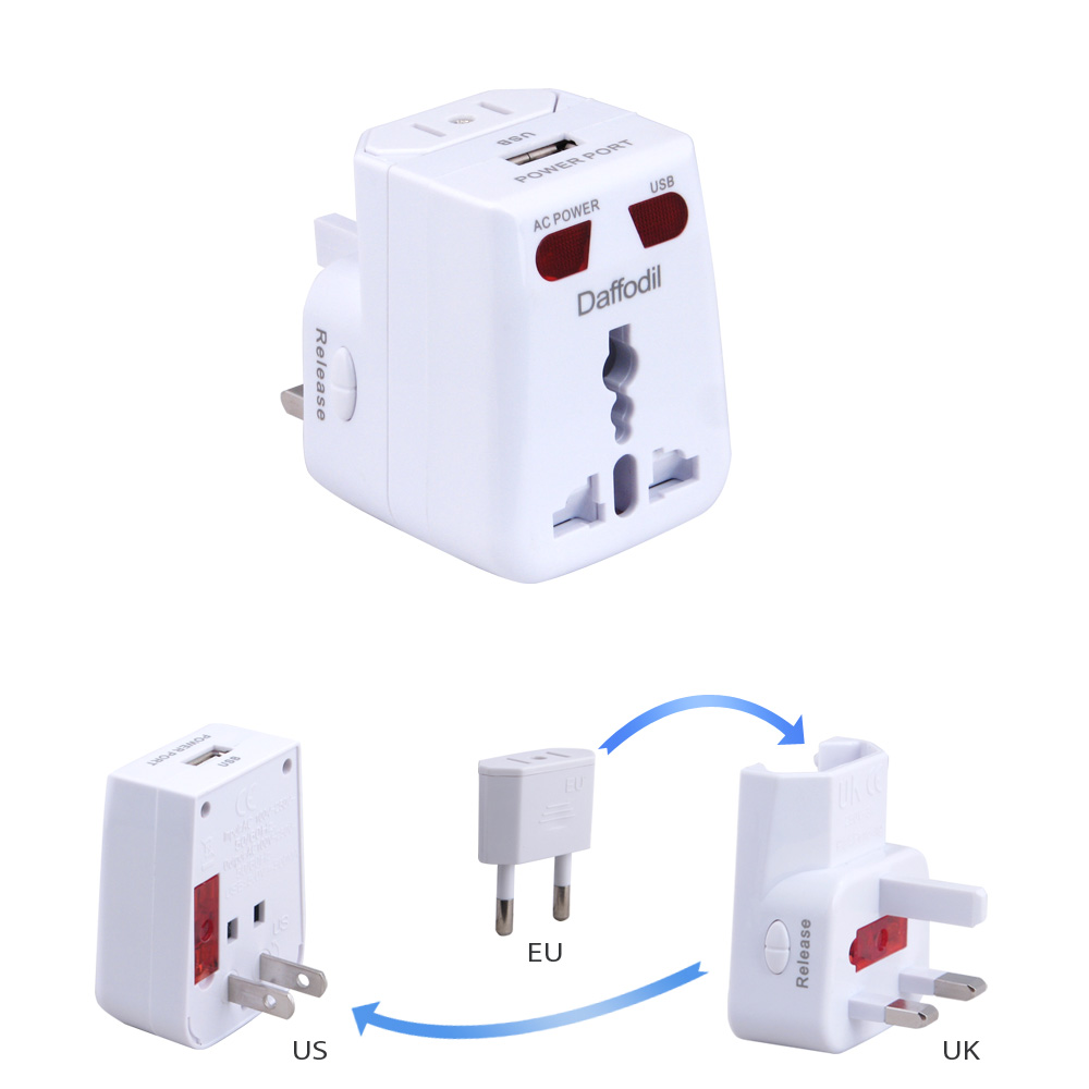 Daffodil WAP150 Universal International Travel Power Adapter and USB Charger Adapter with EU+US+UK Converter Plug