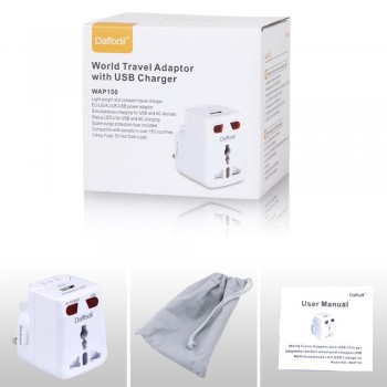 Daffodil WAP150 Universal International Travel Power Adapter and USB Charger Adapter with EU+US+UK Converter Plug