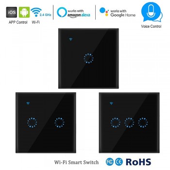 WiFi Smart Wall Light Switch Wireless Voice Control Compartible with Alexa Google Home Phone App Timer Control Glass Touch Panel