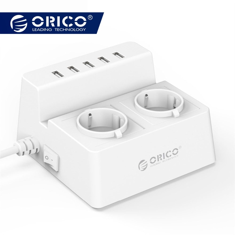 ORICO ODC Office Home 2 AC Outlets Surge Protector EU Power Strip with 5 Ports USB Charger 40W 1.5M Power Cord -White/Black