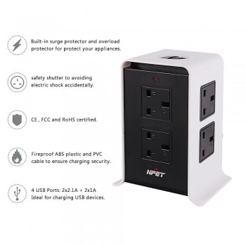 Vertical Power Strips Surge Protector Overload Protection 8 Way Outlets Socket with USB 3m/9.8ft Extension Cord  for Home Office