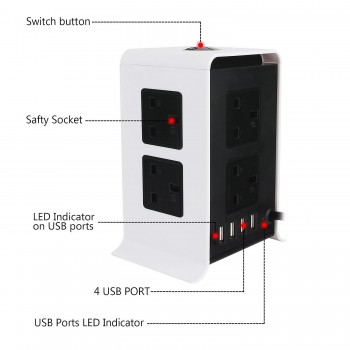 Vertical Power Strips Surge Protector Overload Protection 8 Way Outlets Socket with USB 3m/9.8ft Extension Cord  for Home Office