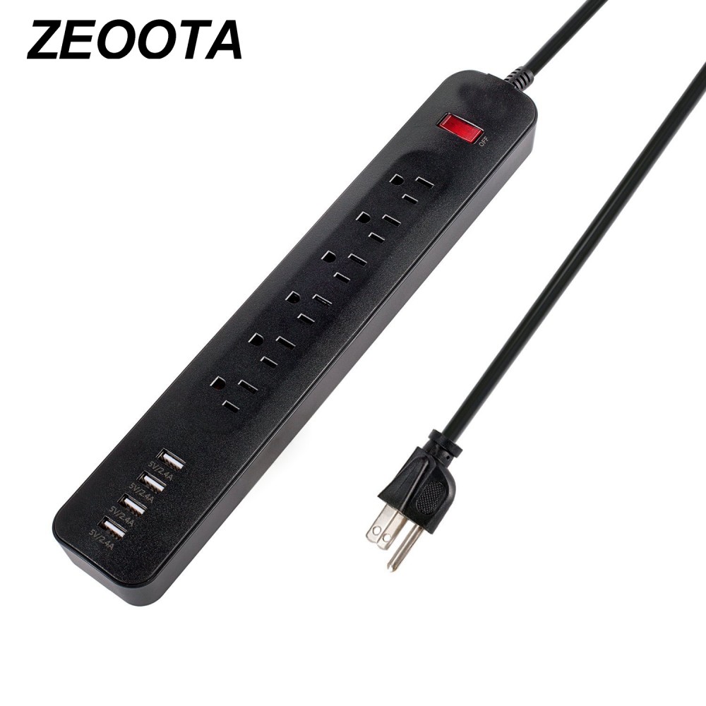 Power Strip Surge Protector 6 AC USB Outlets US Plug Socket with USB 4 Ports Fast Charging Station with 6ft/1.8m Extension Cord