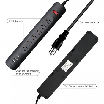 Power Strip Surge Protector 6 AC USB Outlets US Plug Socket with USB 4 Ports Fast Charging Station with 6ft/1.8m Extension Cord