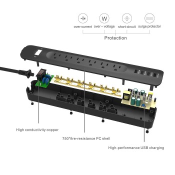 Power Strip Surge Protector 6 AC USB Outlets US Plug Socket with USB 4 Ports Fast Charging Station with 6ft/1.8m Extension Cord