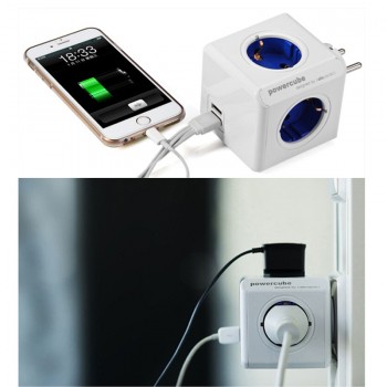 Allocacoc Electrical Socket EU Plug powercube EU Power Strip Extension 4 Socket Outlet 5V*2.1A USB Charger Ports for Home Office