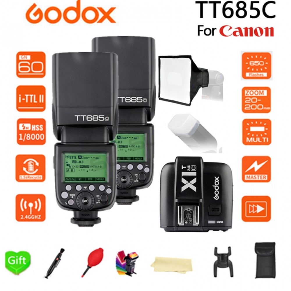2pcs Godox TT685 TT685C 2.4G Wireless TTL High-speed sync 1/8000s GN60 Flash Speedlite + X1T-C Transmitter for Canon DSLR Camera