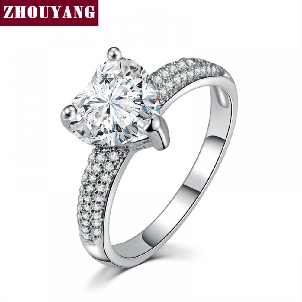 ZHOUYANG Silver Color Love Heart-Shaped Bijoux Fashion Wedding amp; Engagement Ring Cubic Zirconia Jewelry For Women As Gift ZYR540