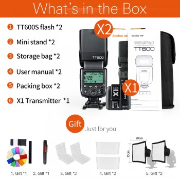 2pcs Godox TT600S GN60 2.4G Camera Flash Speedlite +X1T-S Transmitter for Sony Camera A7 A7S A7R A7 II A6000 A58 A99