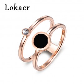 Lokaer Trendy Ring Pave Setting Cubic Zirconia Rose Gold Color 2 Round Acrylic Vintage Stainless Steel Rings For Women Jewelry