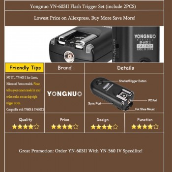 YONGNUO 2pcs RF-603 II Flash Trigger Transceiver Set ,Shutter Release for Canon Nikon Pentax DSLR Camera RF-603 II C1 C3 N1 N3