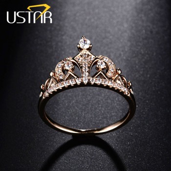 USTAR Princess Crown Rings for women AAA cubic zirconia micro pave setting engagement wedding rings female Anel accessories