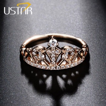 USTAR Princess Crown Rings for women AAA cubic zirconia micro pave setting engagement wedding rings female Anel accessories