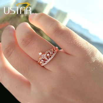 USTAR Princess Crown Rings for women AAA cubic zirconia micro pave setting engagement wedding rings female Anel accessories