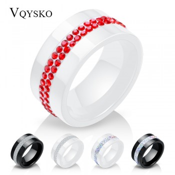 New 10MM Black and White 2 Row Crystal Ceramic Ring Women Engagement Promise Wedding Band Gifts For Women