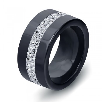 New 10MM Black and White 2 Row Crystal Ceramic Ring Women Engagement Promise Wedding Band Gifts For Women