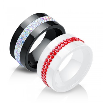 New 10MM Black and White 2 Row Crystal Ceramic Ring Women Engagement Promise Wedding Band Gifts For Women
