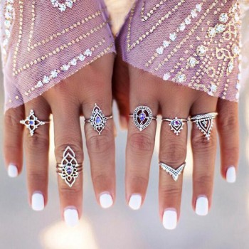 GEMIXI 7 Pcs Rings Set Natural Fire Opal Ring Wedding Engagement Jewel  4.16