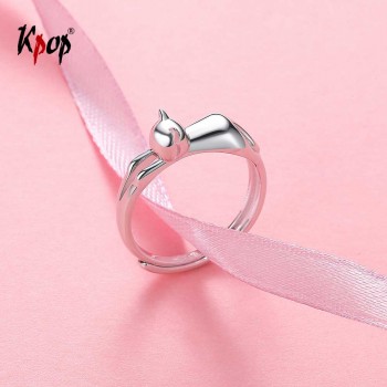 Kpop 925 Sterling Silver Cat Kitty Ring Enagement Wedding Jewelry Adjustable Dainty Cute Kitten Cat Band Ring R6009