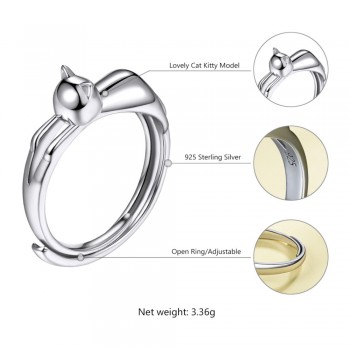 Kpop 925 Sterling Silver Cat Kitty Ring Enagement Wedding Jewelry Adjustable Dainty Cute Kitten Cat Band Ring R6009