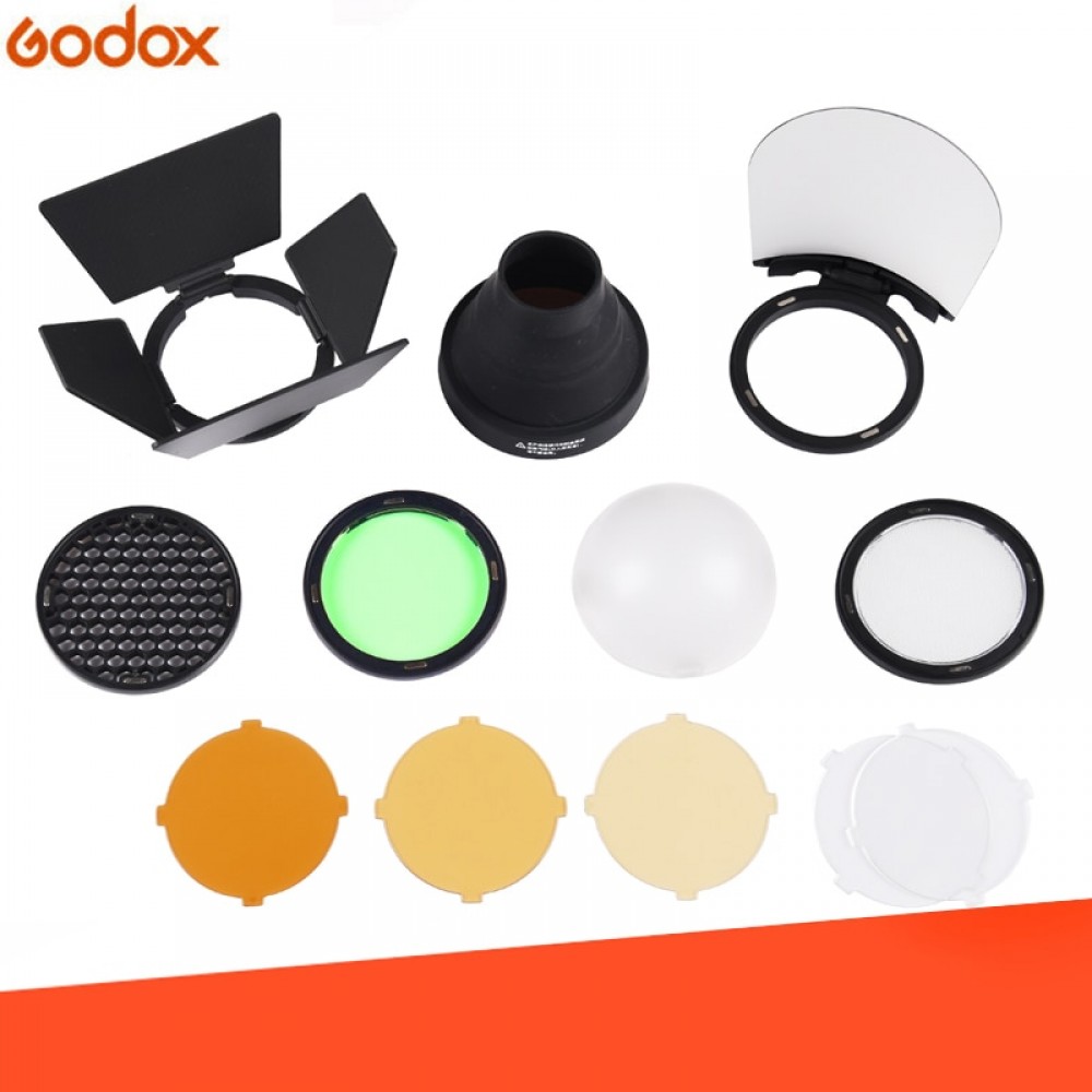 Godox AK-R1 Barn Door, Snoot, Color Filter, Reflector, Honeycomb, Diffuser Ball Kits for Godox AD200 and H200R Round Flash Head