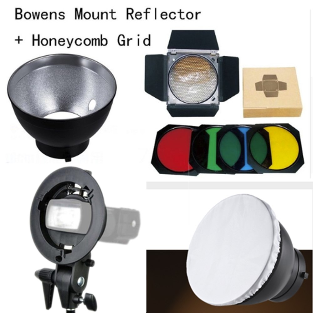 Godox Bowens Mount Reflector + BD-04 Barn Door Honeycomb Grid +4 color Filter +White diffuser +S-type Bracket Holder for AD200
