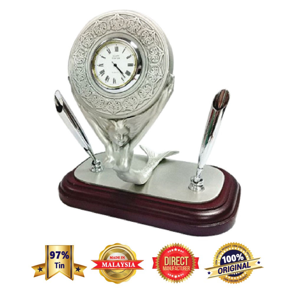 DKC018W Pewter Clock (Mermaid) with Pen Holder and Woodbase