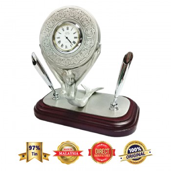 DKC018W Pewter Clock (Mermaid) with Pen Holder and Woodbase