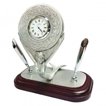 DKC018W Pewter Clock (Mermaid) with Pen Holder and Woodbase