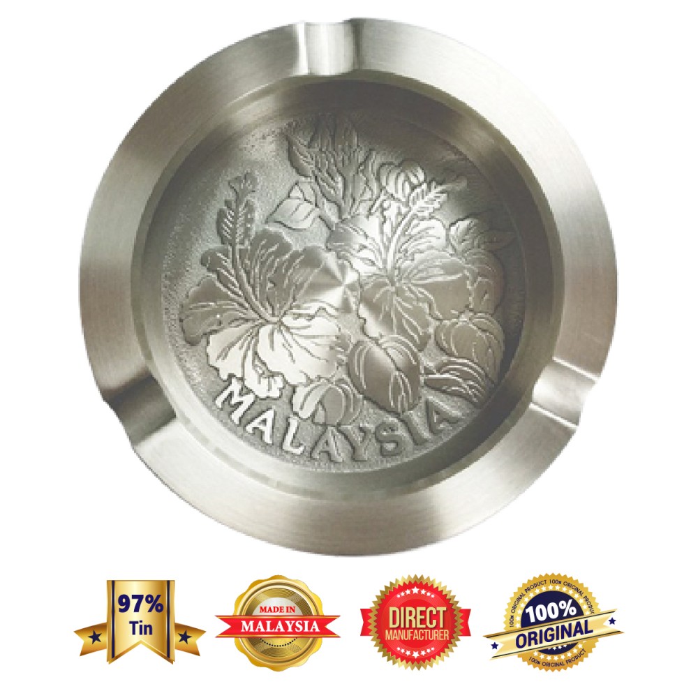 DKA005W Pewter Ashtray (Bunga Raya) with Woodbase
